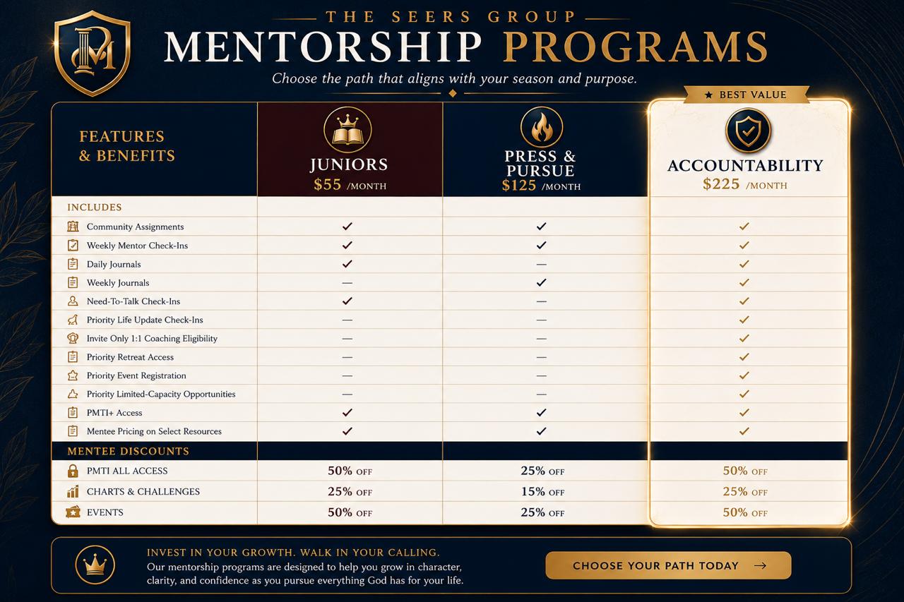 The Seers Group mentorship comparison showing Juniors, Press and Pursue, and Accountability